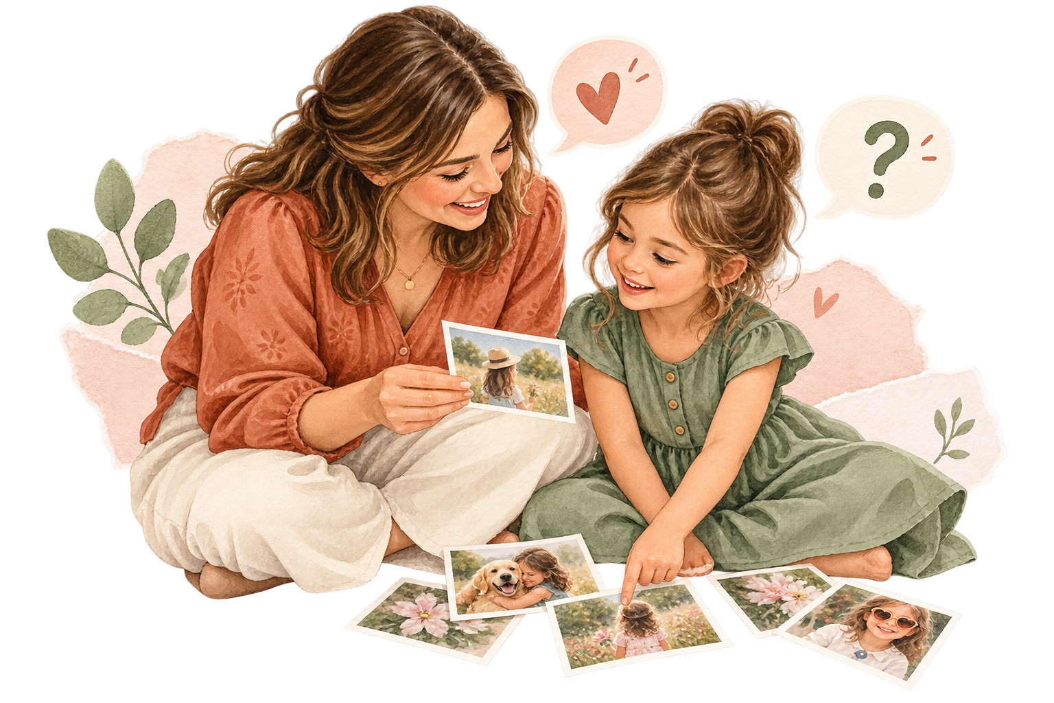 Une mère choisissant des photographies avec sa fille