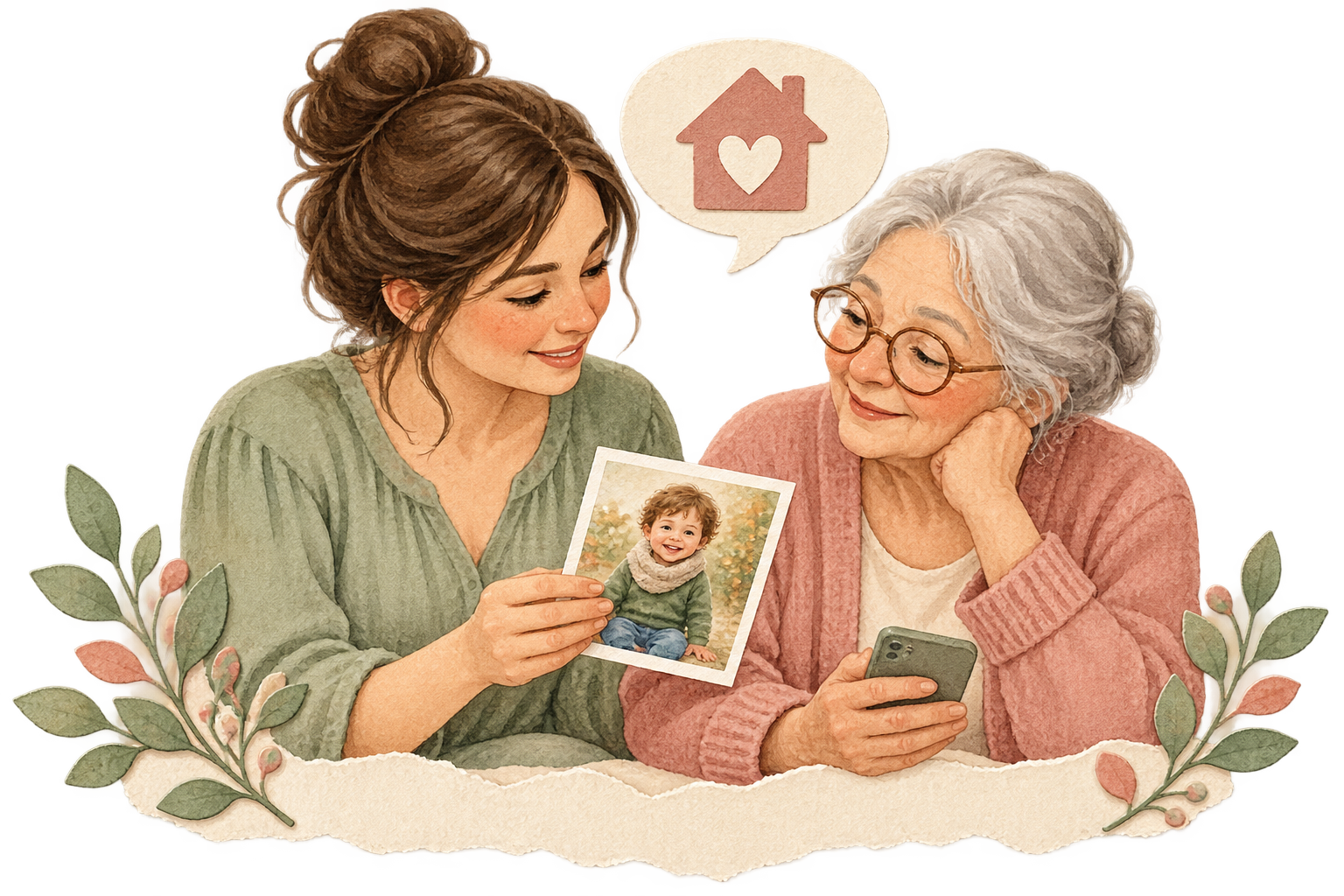 Une mère et une grand-mère partageant une photographie dans leur cercle familial