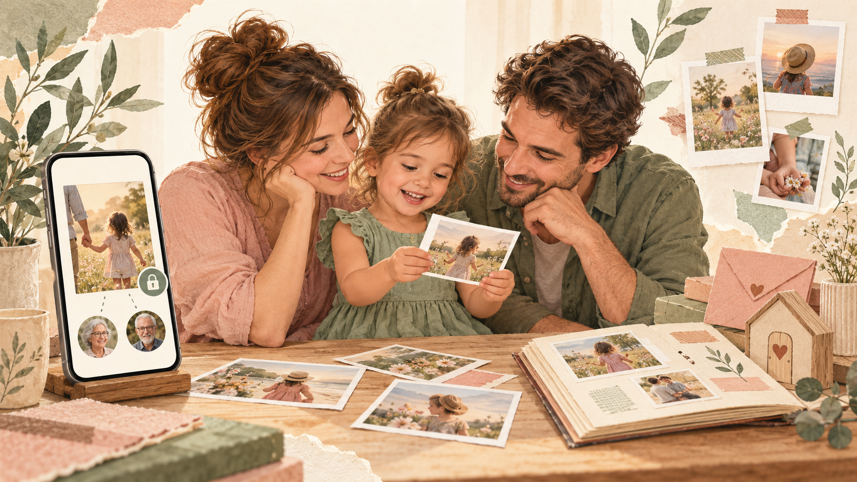 Des parents et leur fille regardant ensemble des photographies familiales dans un cadre privé