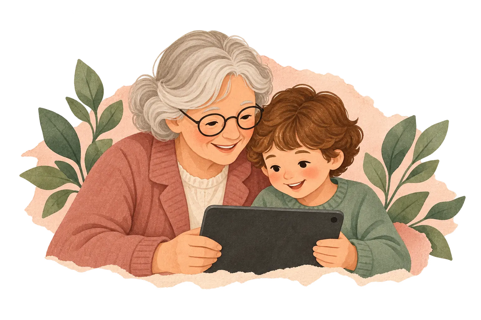 Une grand-mère et son petit-fils regardant leurs souvenirs