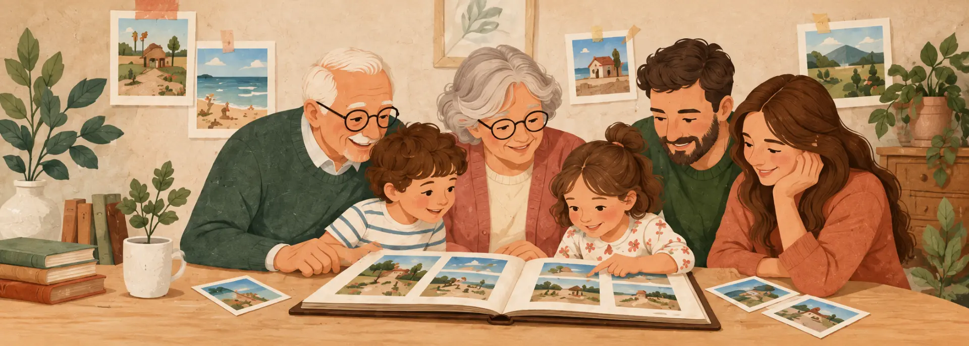 Une famille réunissant grands-parents, parents et enfants autour d’un album photo
