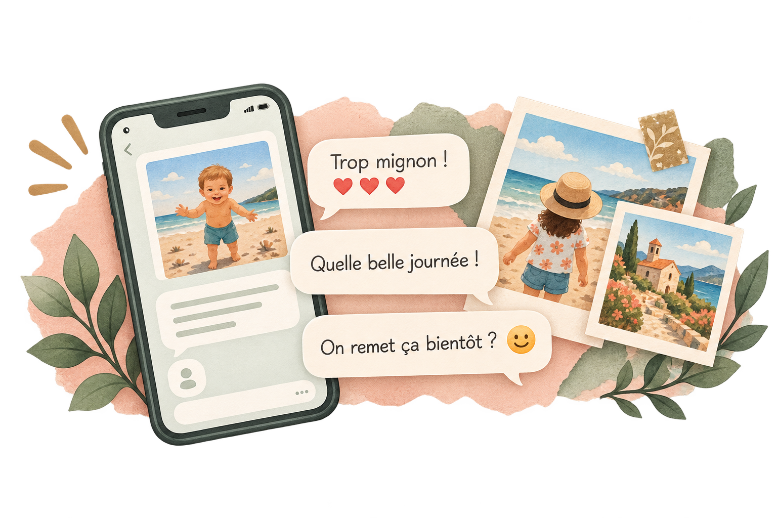 Une conversation familiale où les photos se mêlent aux messages